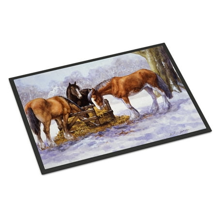 Horses eating Hay in the Snow Door Mat