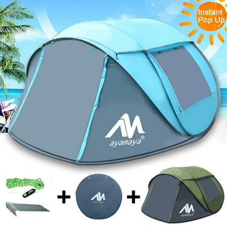 Pop up Tent 4 Person Family Camping Tent, Easy Setup Beach Tent Sun Shelter with Rain Fly & Carry Bag - Ventilated Mesh Windows, Big Doors Instant Waterproof Tent for Camping,Hiking & Traveling, Blue