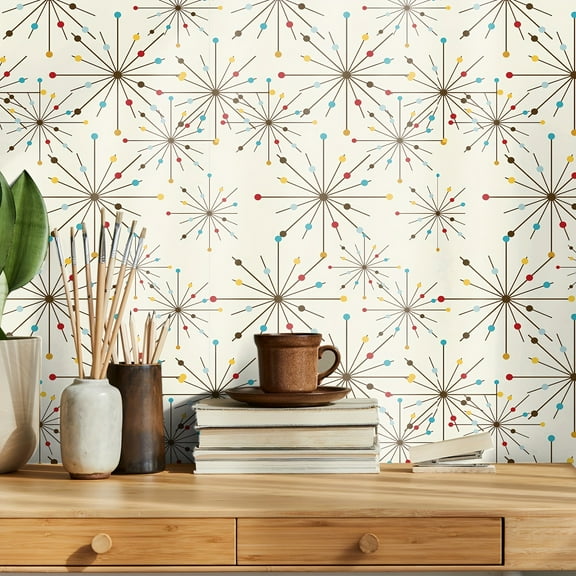 Mid-Century Modern Peel & Stick Wallpaper - 15.75x118 Inch Retro 1950s Atomic Design with Vibrant Colors, Removable Self-Adhesive for Walls Cabinets