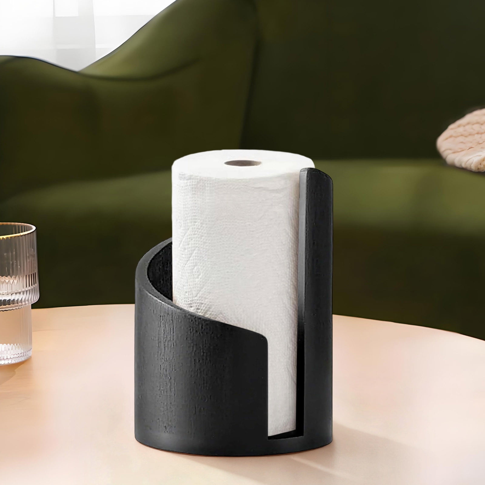 Wood Paper Towel Holder - 8.3x11.5in Free-Standing Vintage Countertop Roll Holder, with Wood Base - Great for Kitchen, Bathroom Use - Black