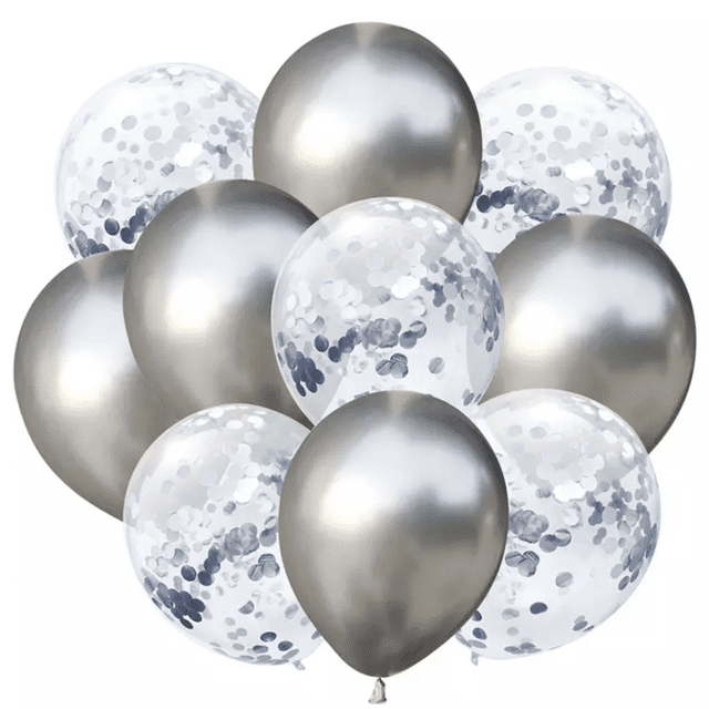 Kit 10 Globos Metálicos-crome Transparete Confeti Color Plata Lucky Balloons Chrome