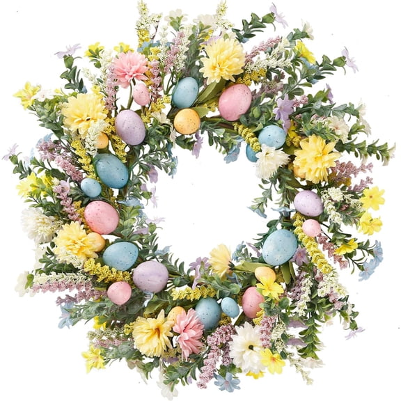 Artificial Easter Wreaths for Front Door Spring Summer Wreath, Colorful Eggs Green Leaves for Front Door Indoor Outdoor Farmhouse Home Wall Window Festival Wedding Decor