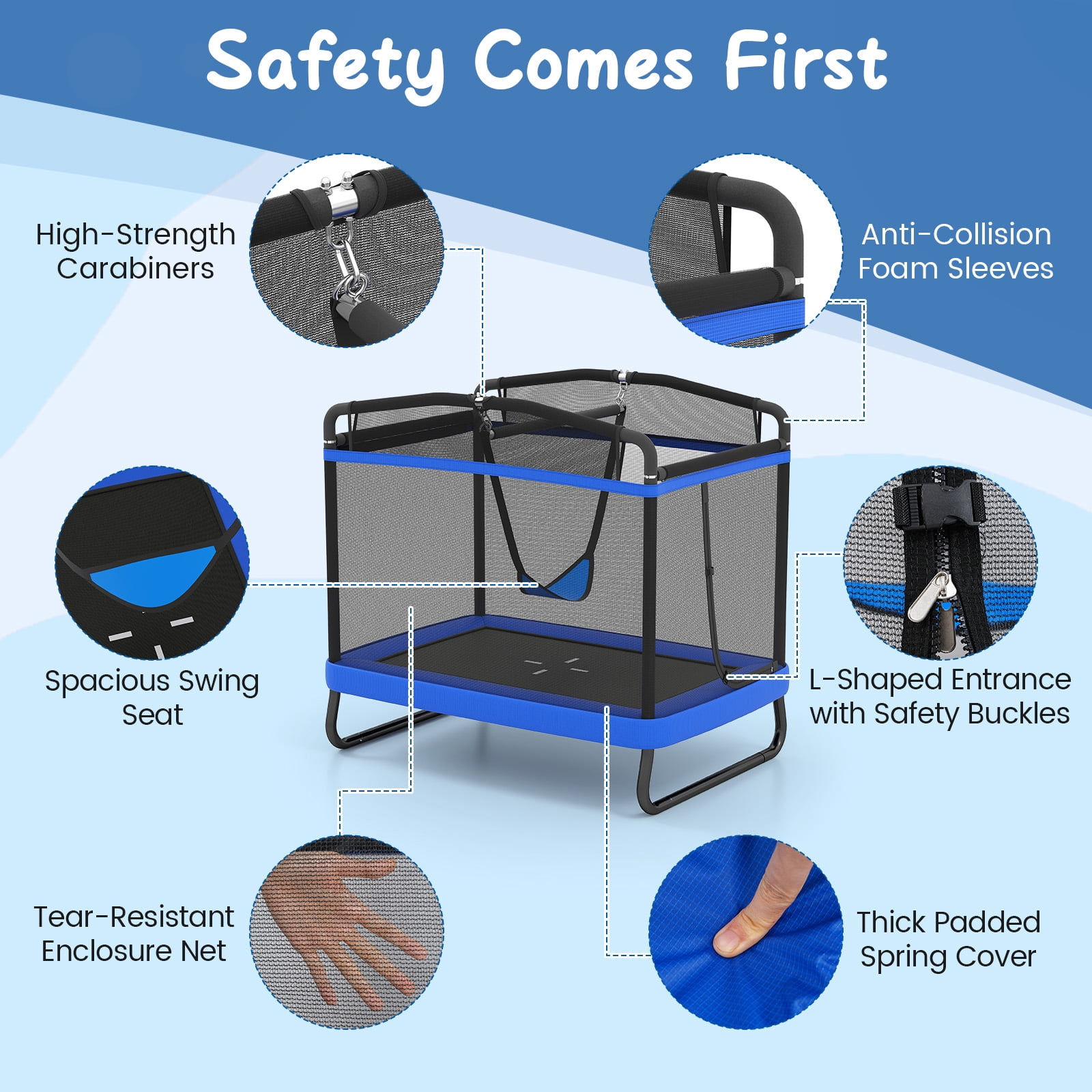 Gymax 6 FT Kids Trampoline w/Swing & Horizontal Bar Safety Enclosure Net Blue