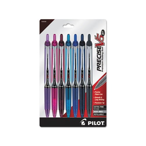 Precise V5RT Retractable Roller Ball Pen 0.5mm, Assorted Ink/Barrel, 7/Pack