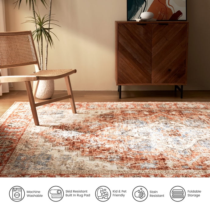 Sleep Zone 4x6 Area Rug for Bedroom, Machine Washable Area Rugs for Living Room, Low Pile Lightweight Non Slip Carpet, Vintage Rug for Dining Room, Home Office, Brick