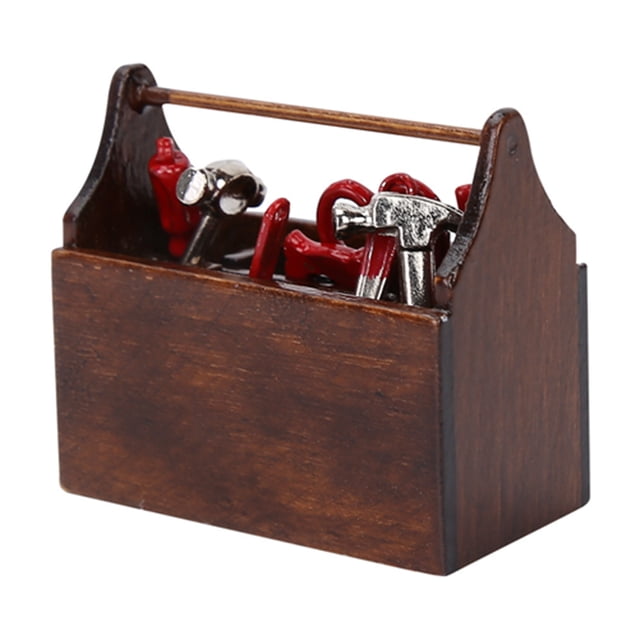 Caja de herramientas en miniatura, modelo de caja de herramientas de madera para accesorios de casa de muñecas a escala 1/12