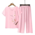 thumbnail image 2 of NMMUED Cotton Linen Embroidered Two Piece Outfit for Seniors Women Round Neck Short Sleeve Blouse Elastic Waist Wide Leg Pants Comfortable Casual Summer Set Relaxed Fit Womens Two Piece Lounge Set, 2 of 5