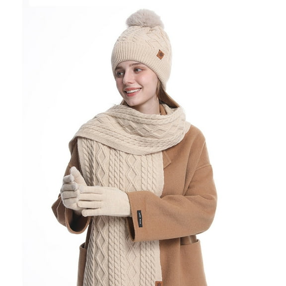 Vibrex 3 Pieces Women Winter Hat Gloves Scarf Set,Woman Winter Double Velvet Padded Warm Wool Hat Scarf Gloves Three-piece Suit Matching. Beige
