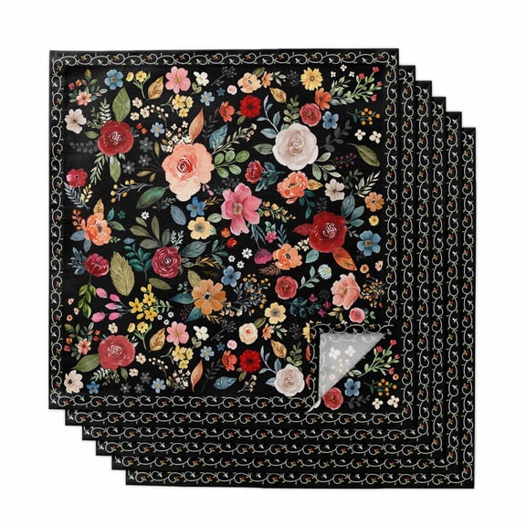 Cloth Napkins Set of 6 Black Floral Cocktail Napkins Farmhouse Vintage Flower Washable Reusable Soft Dinner Table Napkins for Dinner Party Banquet Hotel Holiday Everyday Use 20x20 Inch