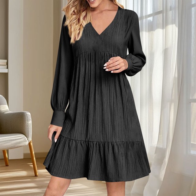 mfyjkho Vestidos casuales para mujer, Vestido de verano para mujer, holgado, de color liso, plisado, informal, de cintura alta, con encaje y manga larga Vestidos de fiesta para mujer l