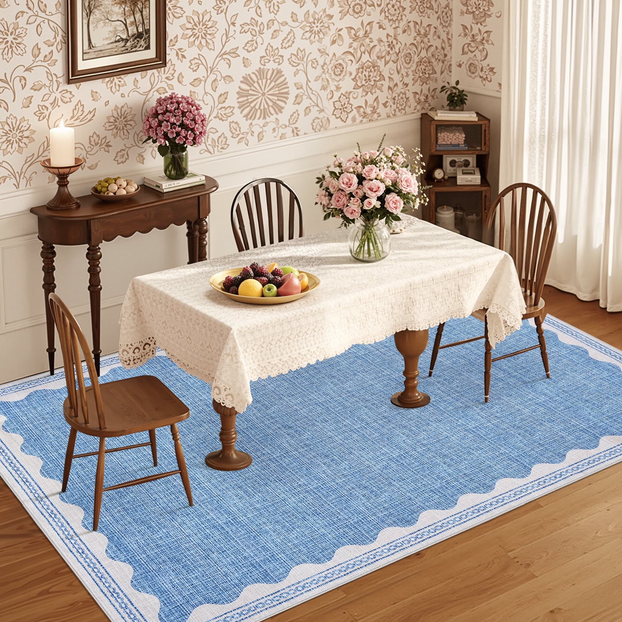 Tzou Modern Scalloped Border Washable Rugs 9' x 12', Non-Slip Low Pile Area Rug for Living Room, Machine Washable Stain Resistant Carpet