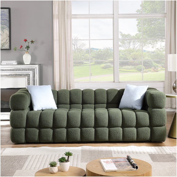 Olive Green Boucle Sofa 3 Seater, Marshmallow Cloud Couch for Living Room, Modern Plush Upholstered Furniture with Pillows