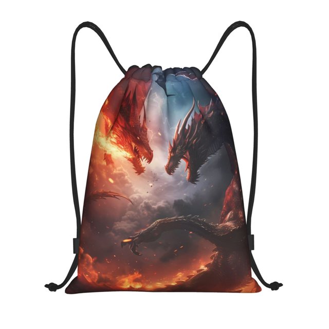 Xecao Fire Sky Dragon Pattern Sports Drawstring Backpack - String Swim Gym Bag with Wet Proof Pocket for Women&Men-Medium
