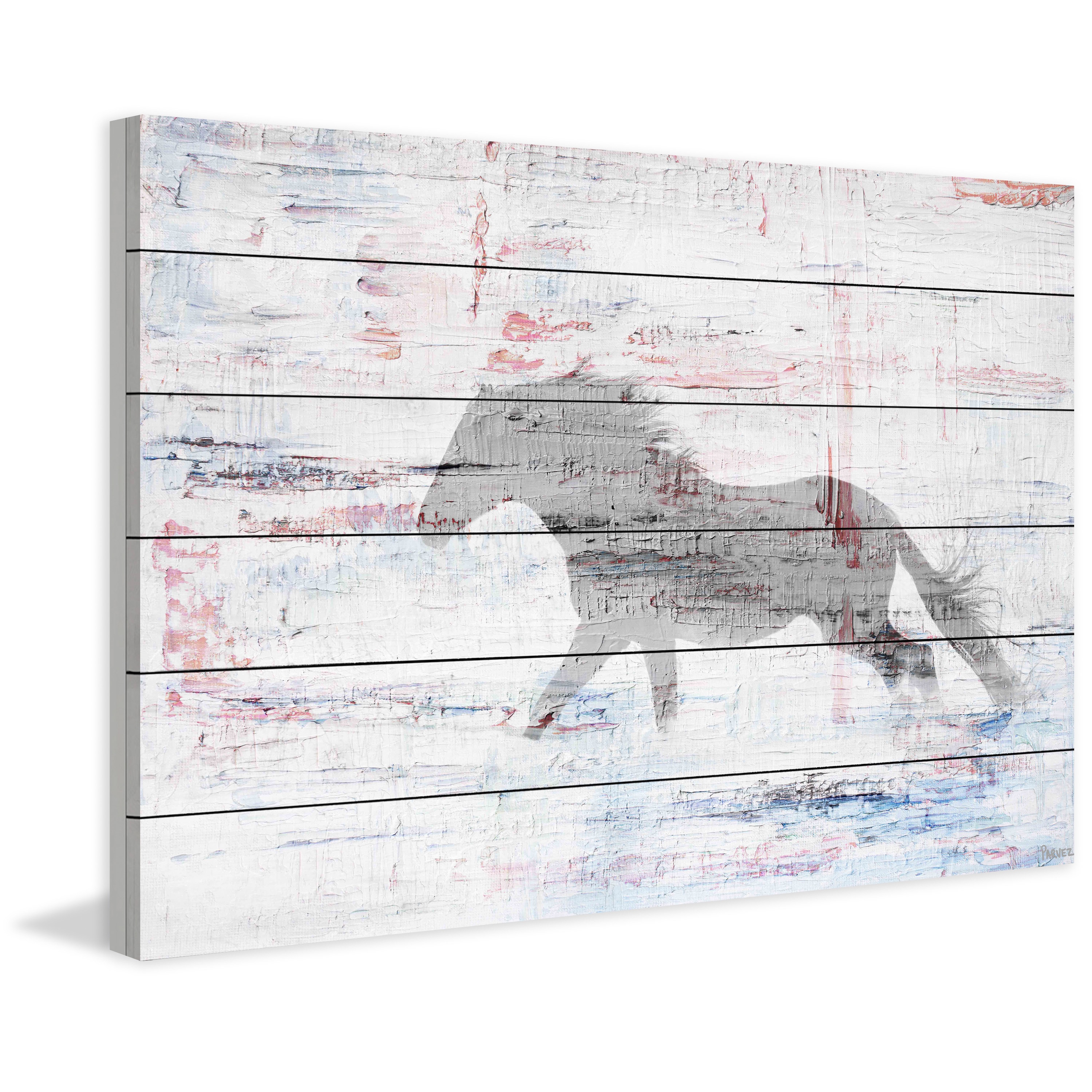 "Grey Horse Trot" Painting Print on White Wood