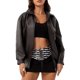 thumbnail image 2 of Chaquetas y abrigos de piel sintética de manga larga sin capucha para mujer, de moda, de color liso, con cuello vuelto, cremallera, capucha y sin bolsillo, chaqueta de piel para mujer, parte superior, 2 of 9