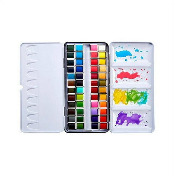KINGART PRO Artist Watercolor Half-Pans, Tin Box with Water Brush, Set of 48 Vibrant Colors