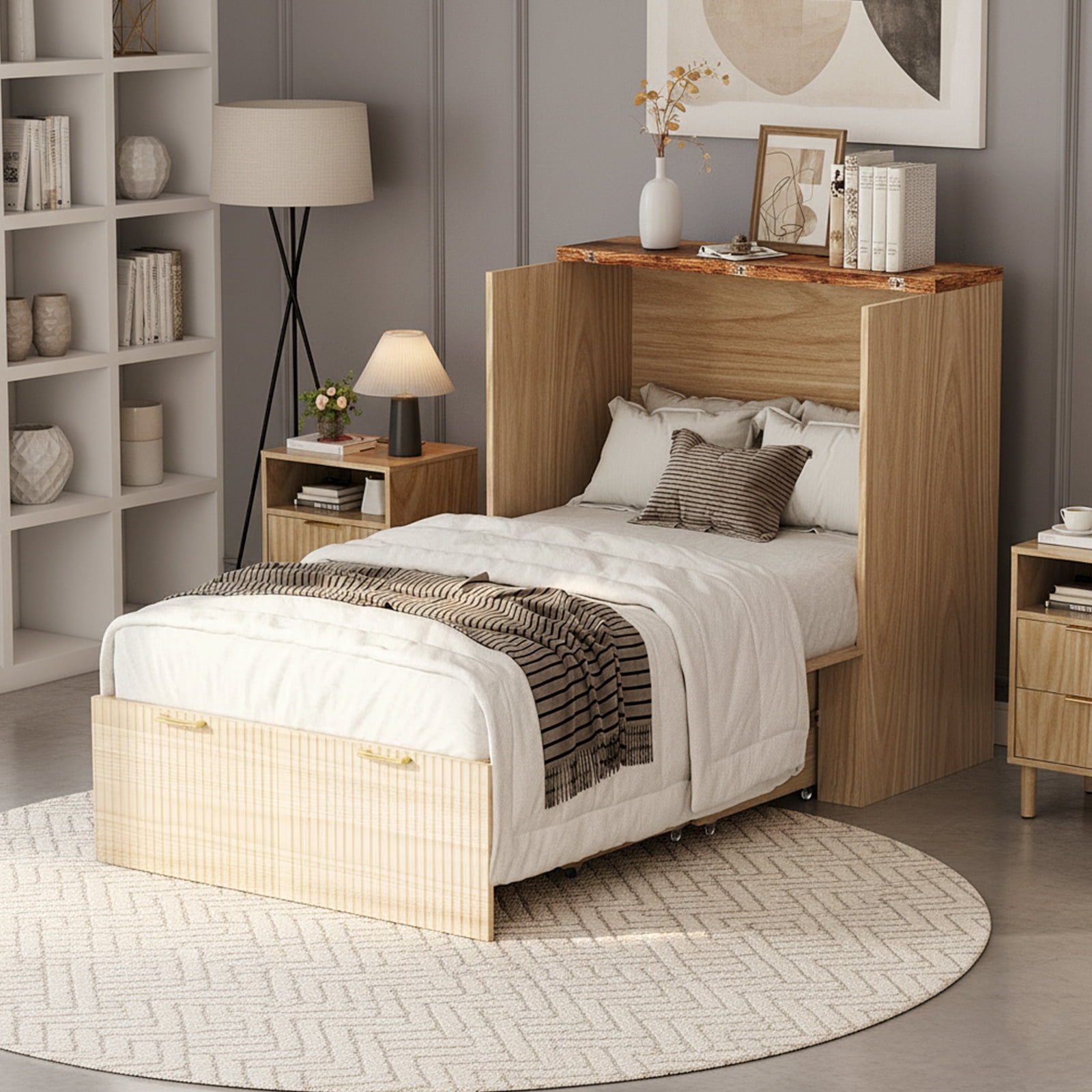 Zimtown Twin Size Murphy Bed with Storage Drawer, Space-Saving Foldable Cabinet Bed Frame, Wood Color