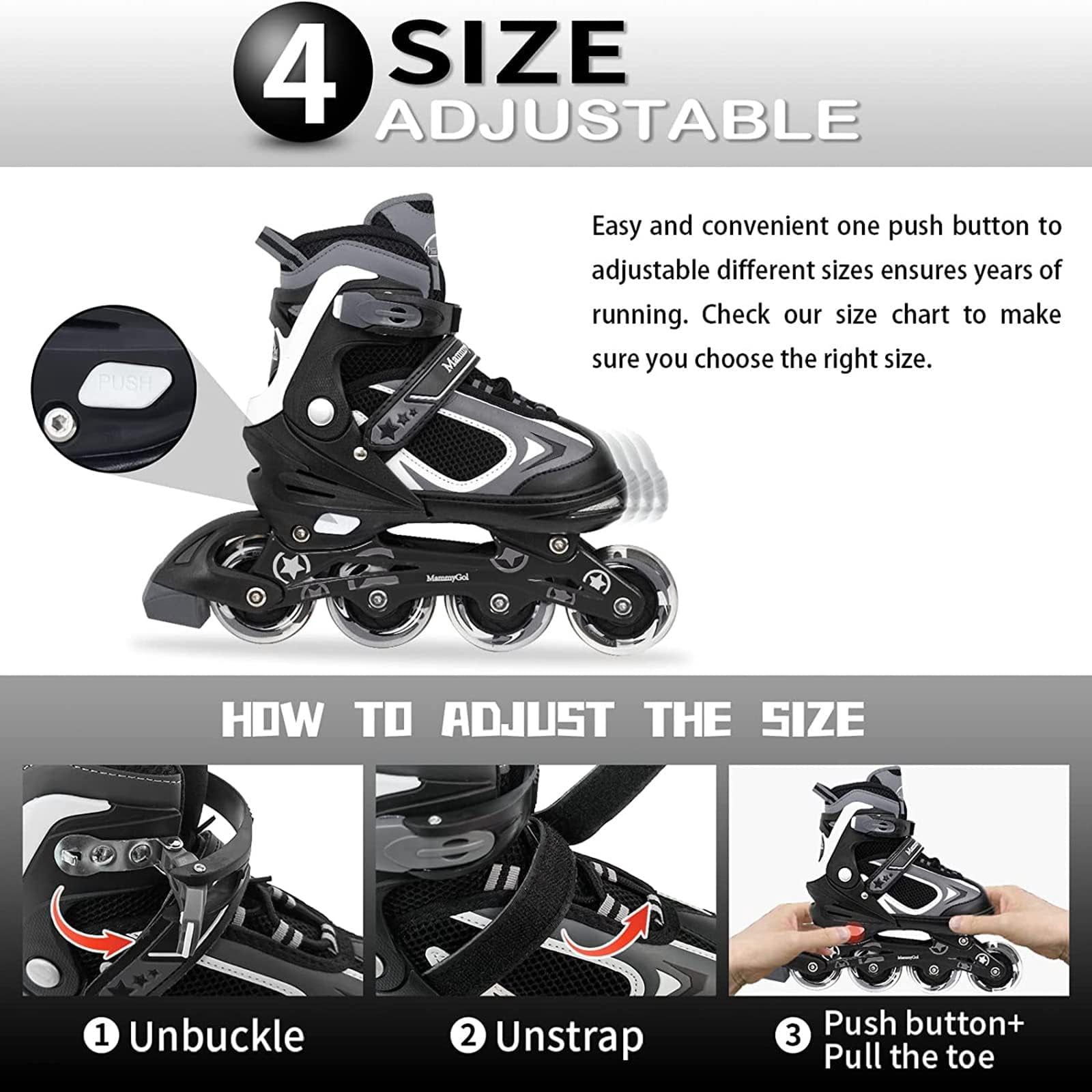 MammyGol Adjustable Inline Skates with Light-Up Wheels for Boys Girls Outdoor Sports, Comfort Youth Kids Skates Black 4-6