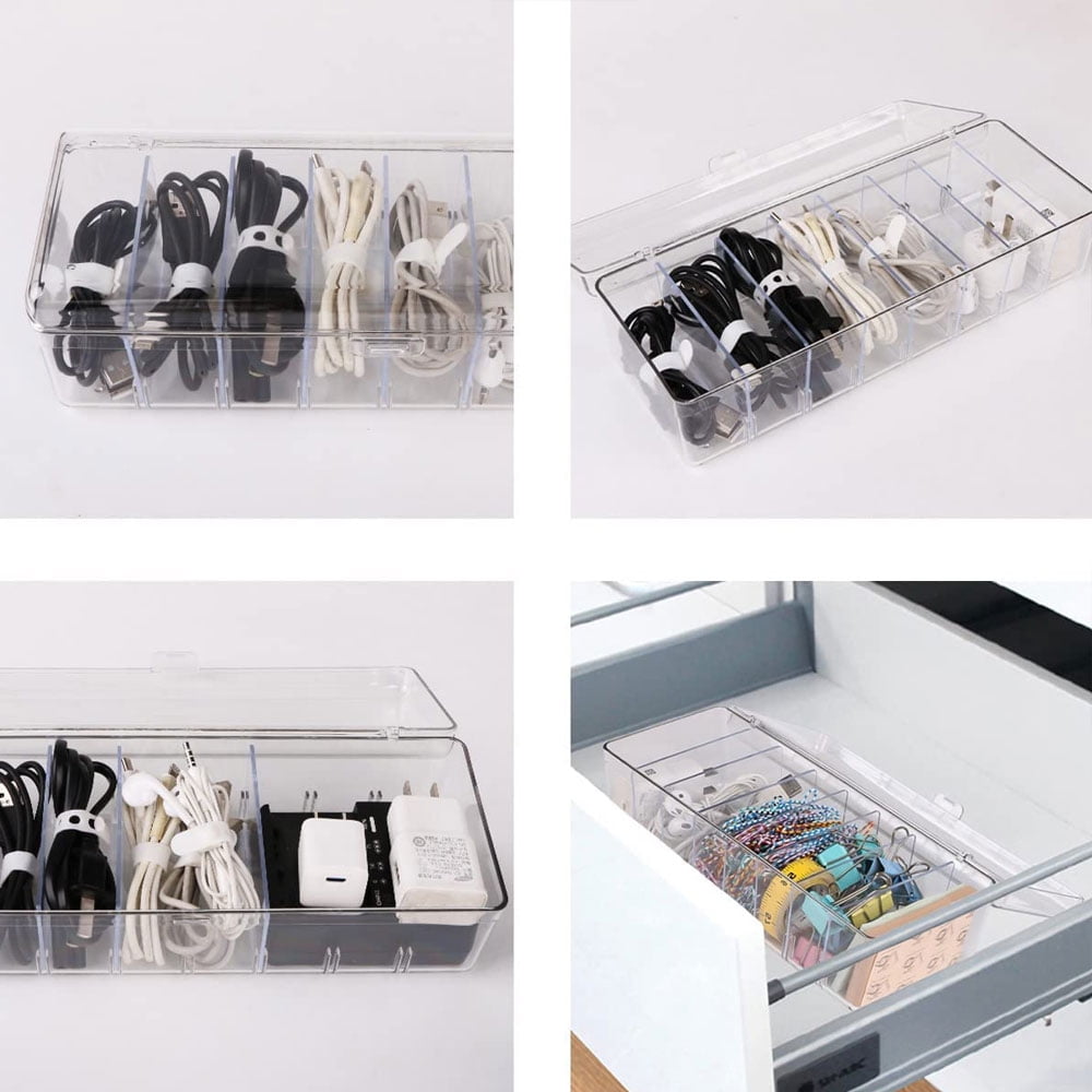 Plastic Cable Management Box with Lid and 10 Wire Ties, Portable Clear Cord Storage Organizer with 8 Compartments