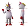 White unicorn REDBROKOLY mascot with a multicolored mane