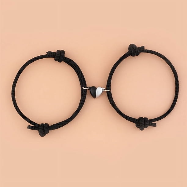 Pulsera ajustable con hebilla magnética en forma de corazón en blanco y negro de moda para parejas, pulsera tejida con cuerda para mejores amigos