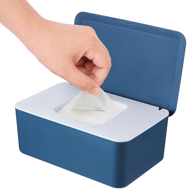Dispensador de toallitas, soporte para toallitas para bebés y adultos, contenedor de toallitas recargable, mantiene las toallitas frescas, estuche para toallitas fácil de abrir y cerrar, azu