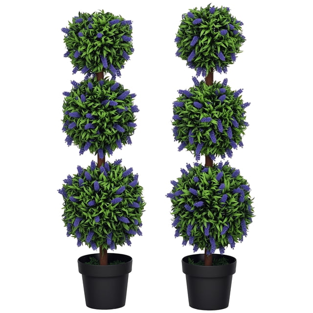 HOMCOM 3.5ft Set of 2 Potted Artificial Plant Ball Tree w/ Lavender Flowers
