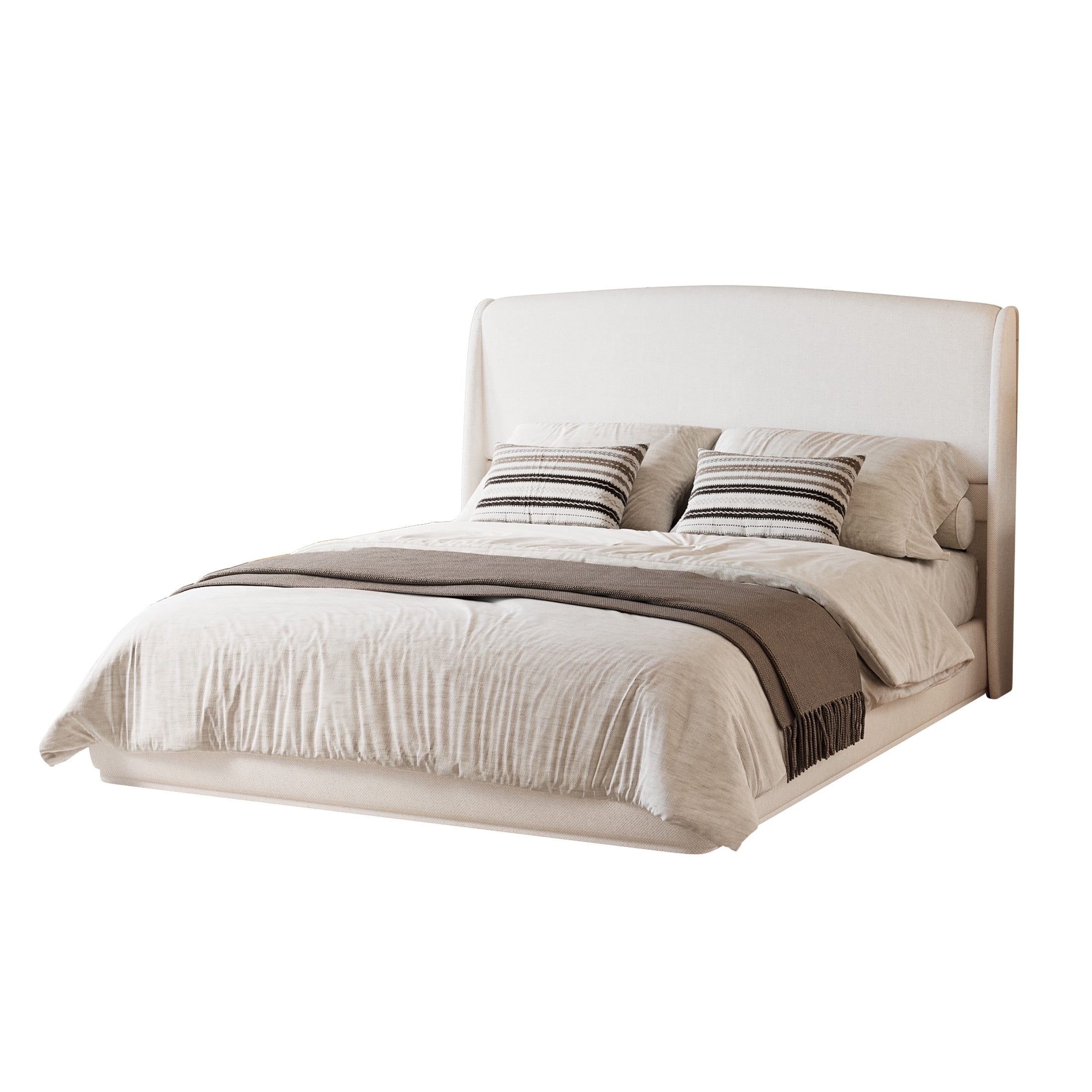 Noble House Queen Size Linen Upholstered Platform Bed with Wingback Headboard, Beige