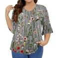 thumbnail image 2 of TQWQT Womens Plus Size Tops Summer Loose Fit Going Out Tunic V Neck Pleated Ruffle 3/4 Sleeve Ethnic Floral Graphic T-Shirt 4x-5x Casual Tunics Blouses Gray 4XL, 2 of 5