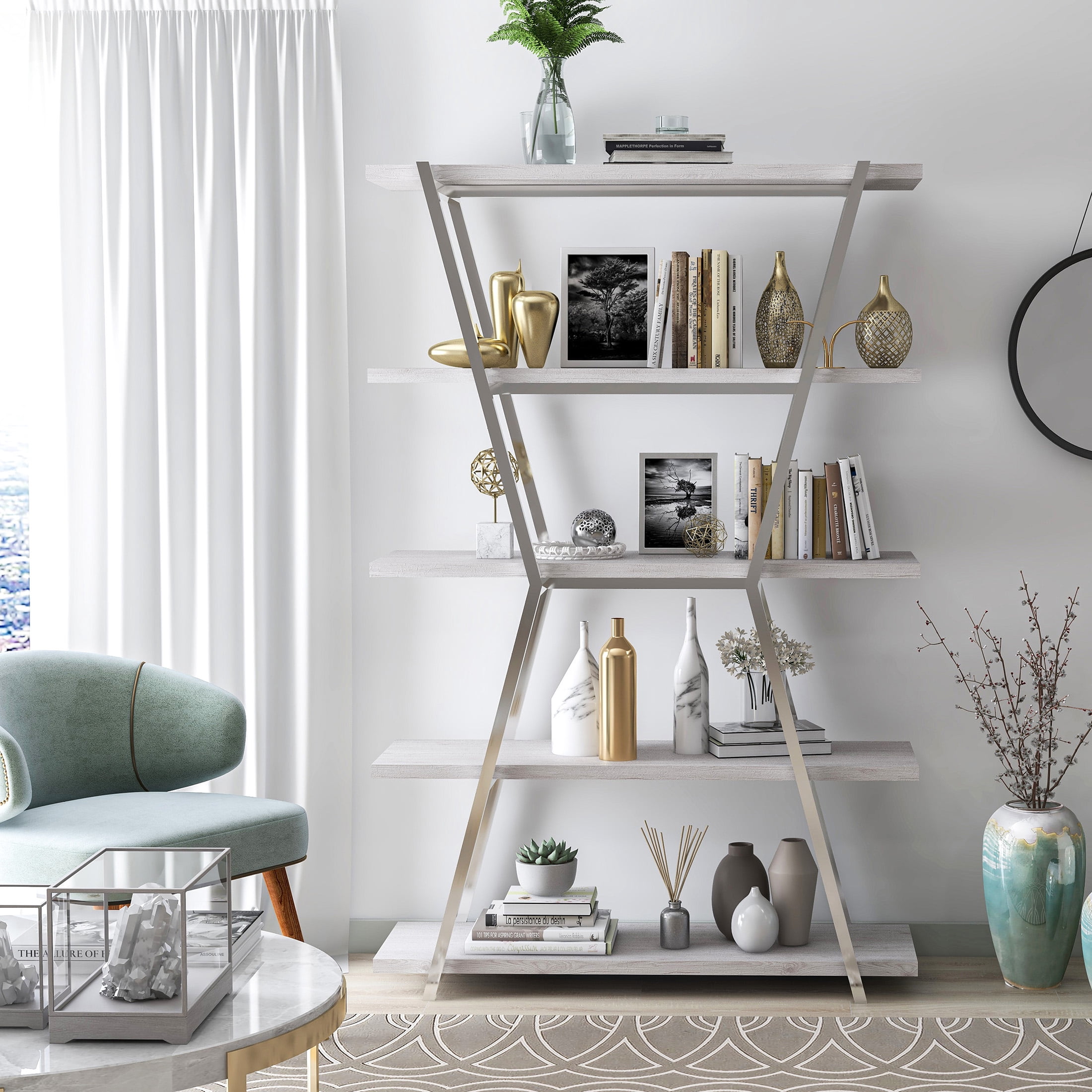 Furniture of America Ketano 5-Shelf Bookcase, Chrome