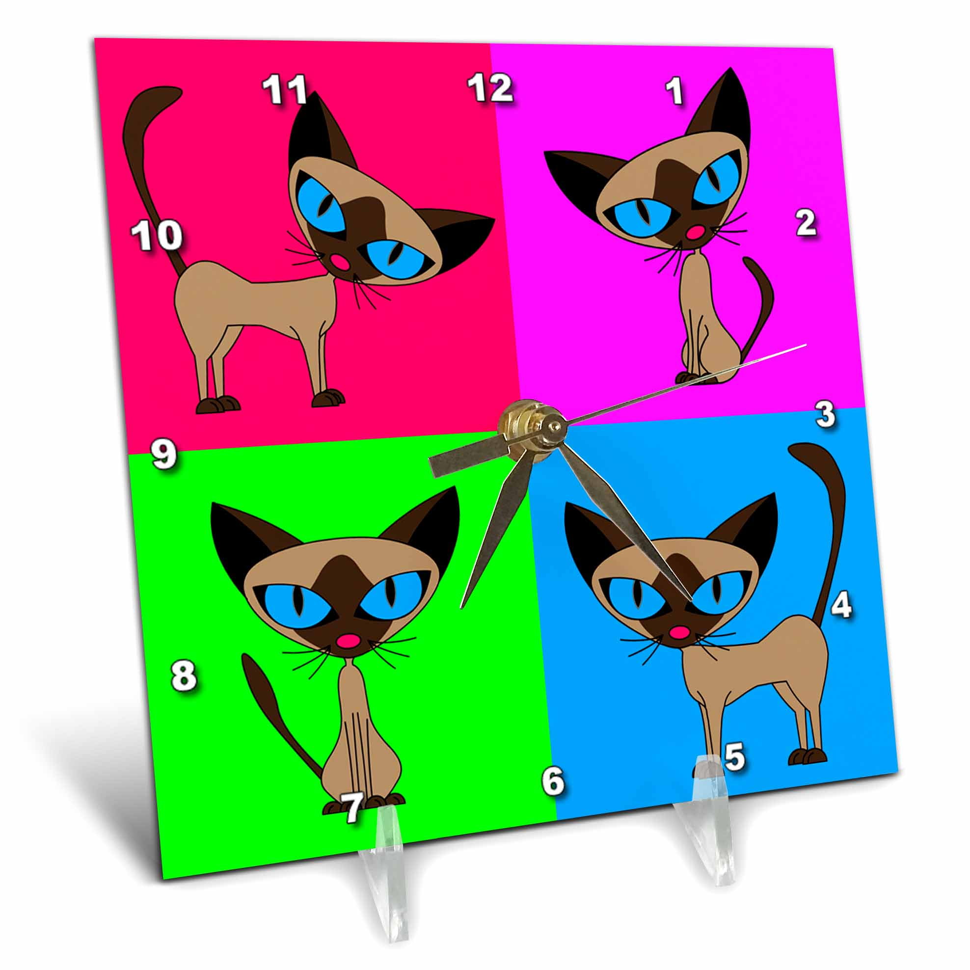 3dRose Siamese Cat Four Attitudes Design Desk Clock, 6 by 6inch