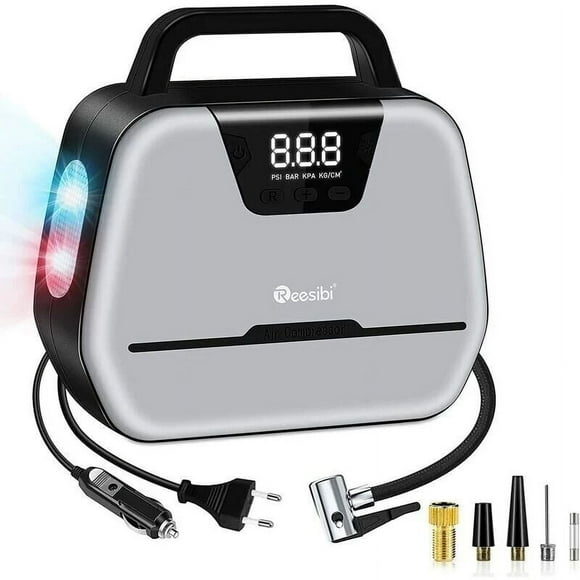 Car Tire Inflator 12V 150PSI AC DC Dual Power Supply, Mini Digital Air Compressor for Bike Motorcycle Ball, with LED Lamp, Adapter Set, Nozzle, Cables