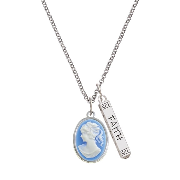 Delight Jewelry Silvertone Small Blue Oval Cameo Silvertone Believe Faith Prayer Hope Bar Charm Necklace, 23"