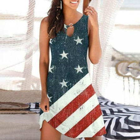 

Hvyesh Summer Dresses for Women 2023 Casual Elegant Midi Dress Stars and Stripes Print Crew Neck Sundresses Short Sleeve Bohemian Dresses Navy