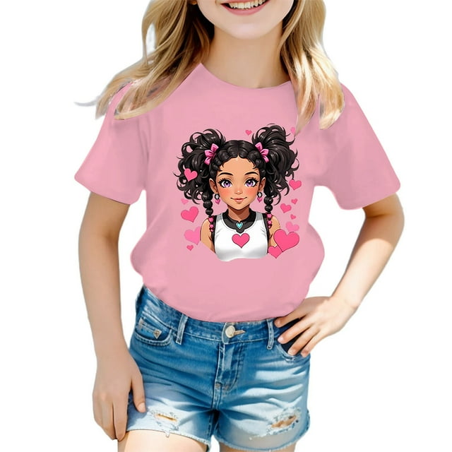MEZZALL T-Shirt Graphique Mignon pour Fille, Col Rond, Manches Courtes, Tee d'Été Décontracté, T-Shirts Hauts, Rose, 7-8 Ans