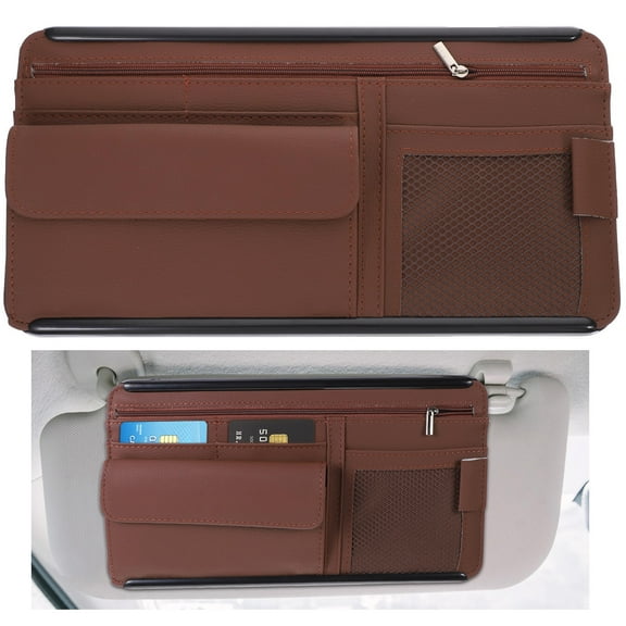 Homoyoyo Brown Car Visor Organizer with Sunglasses Holder, Wallet and Phone Storage, Travel and Driving Accessory