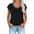 thumbnail image 2 of QIUOMBBP Summer Linen Shirts for Women Short Sleeve Button Design Solid Color Crew Neck Tops Loose Lightweight Casual Vacation Tshirts Black L, 2 of 8