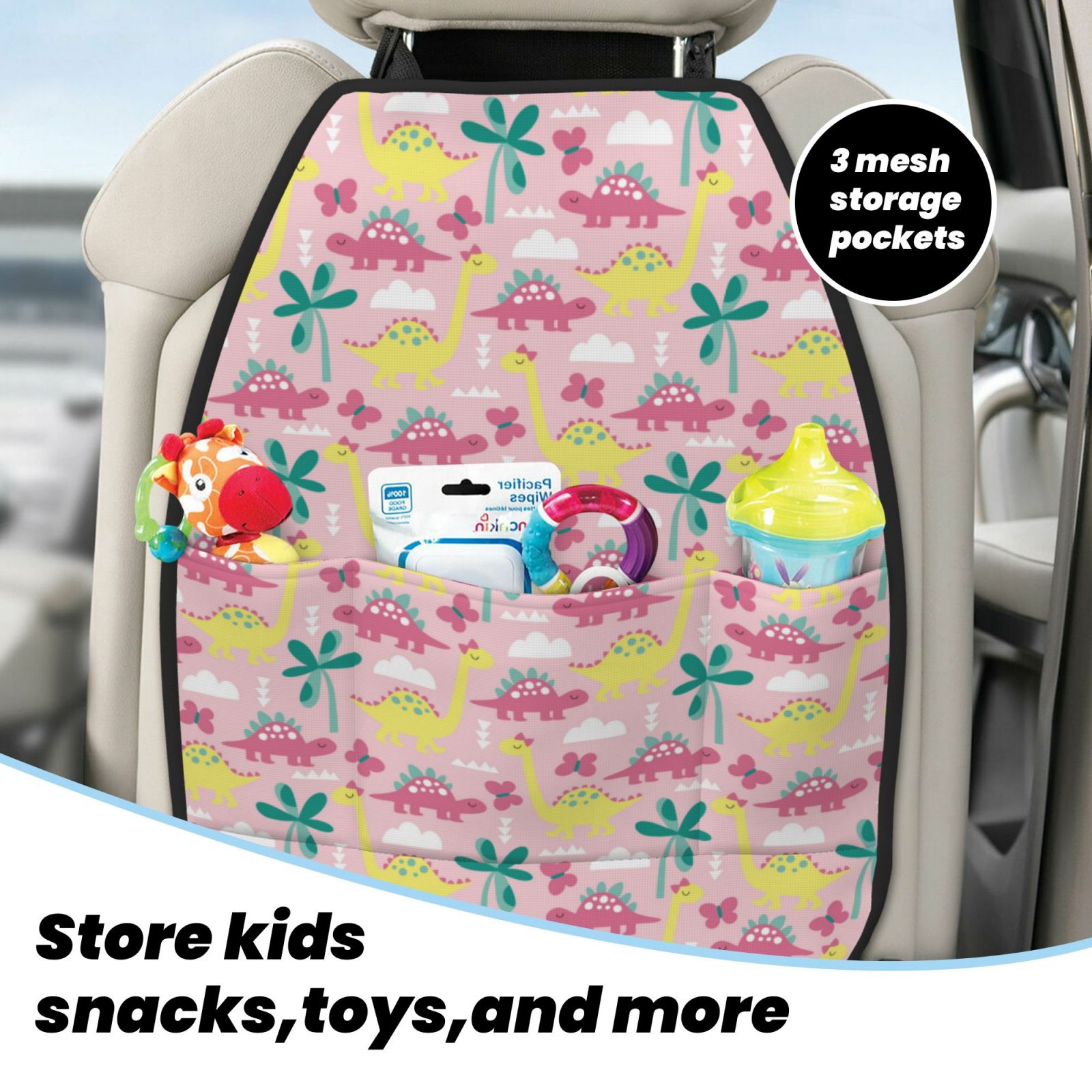 Kdxio Dinosaur Print 2 Pack Car Kick Mat Seat Cover Back Protector Mat with Pockets for Organizer Backseat Protector and Storage Anti Kick Pad for Vehicles