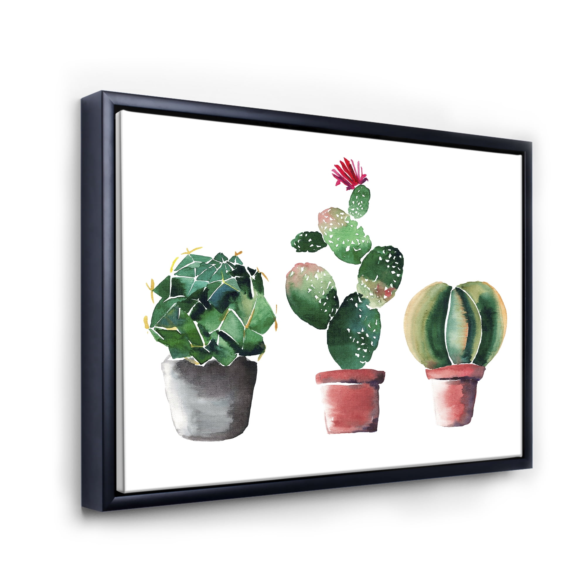 Designart 'Three Cacti In Clay Pots On White' Traditional Framed Canvas Wall Art Print