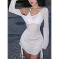 thumbnail image 4 of Women's White Drawstring Side Flare Sleeve Asymmetrical Neck Elegant Dress, 4 of 4