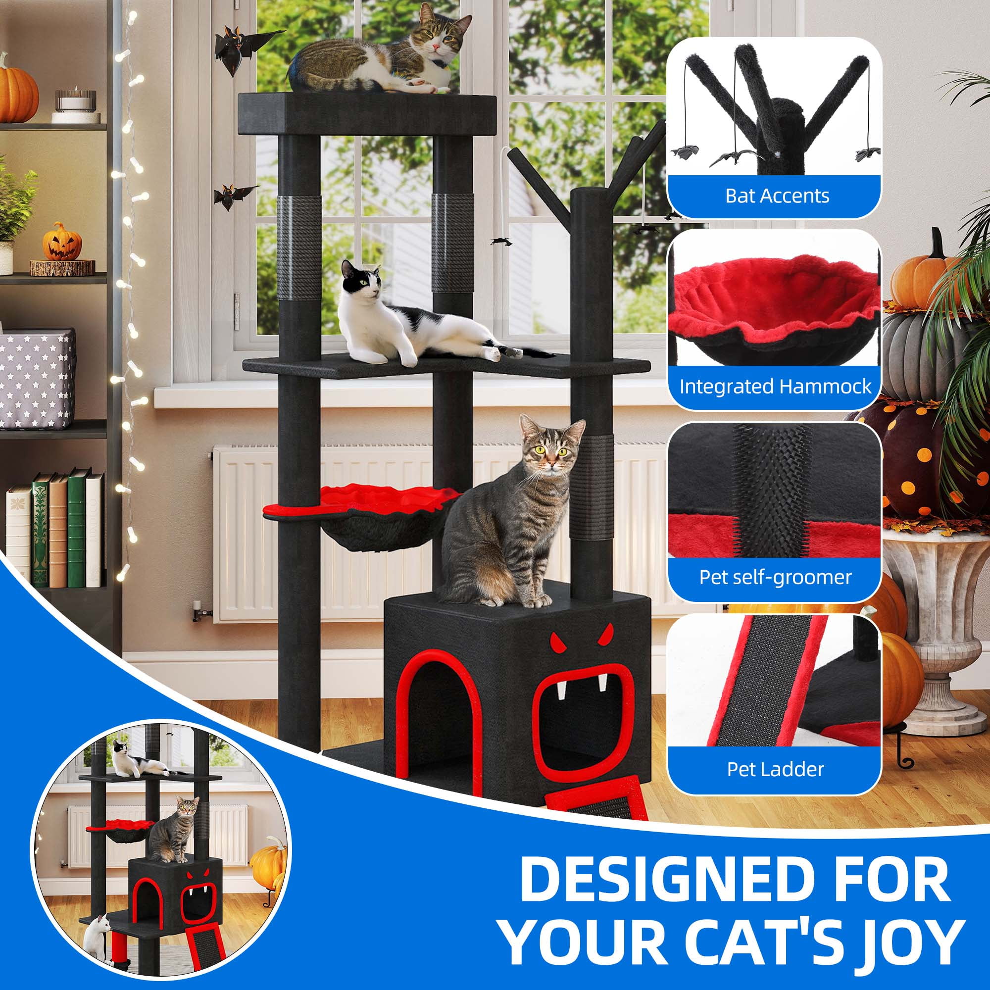 Dextrus 60" Gothic Cat Tree with Coffin Bed, Tall Halloween Cat Tower with Ladder & Sisal Scratching Posts, for Indoor Cats ,Black