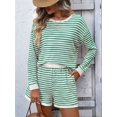 thumbnail image 4 of 2 Piece Sets for Women Summer Cute Stripe Long Sleeve Knit T Shirts Shorts Matching Lounge Set Green S, 4 of 8