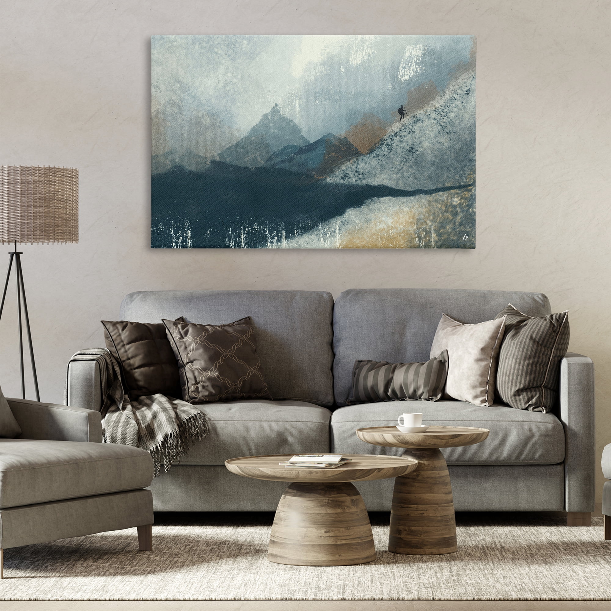 Stupell Industries Intrepid Traveler in Mountains Abstract Painting Wrapped Canvas Art Print Wall Art, 45 x 30