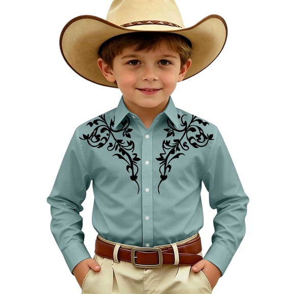Hiijoy Boys Button Down Western Shirt Casual Youth Long Sleeve Cowboy Shirt, Sizes 4-5