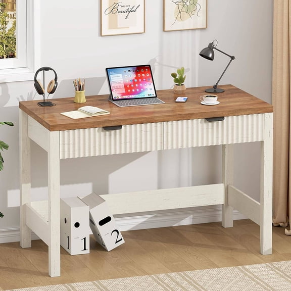 Fluted Computer Desk with 2 Drawers, 39 Inch Small Writing Study Desk for Small Spaces, Antique White
