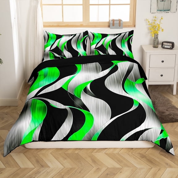 Erosebridal Geometric Stripes Comforter Cover Twin,Black Green Bedding Twin Size,Spiral Swirl Duvet Cover Twin,Microfiber Boys Bedroom Decor(No Comforter),Reversible,3pcs