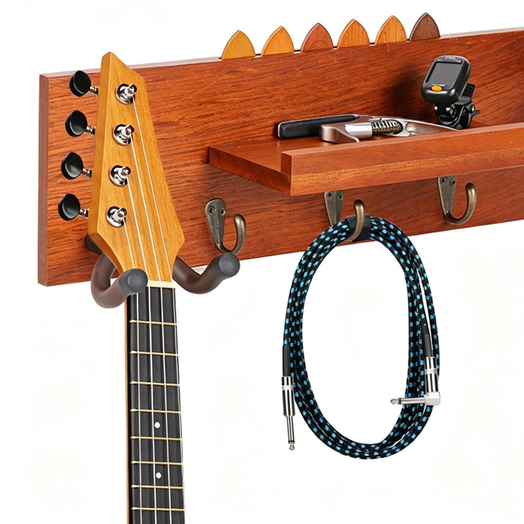 Miiottaa Elegant Wooden Guitar Hook with Shelf Suitable for Compact Instrument Storage