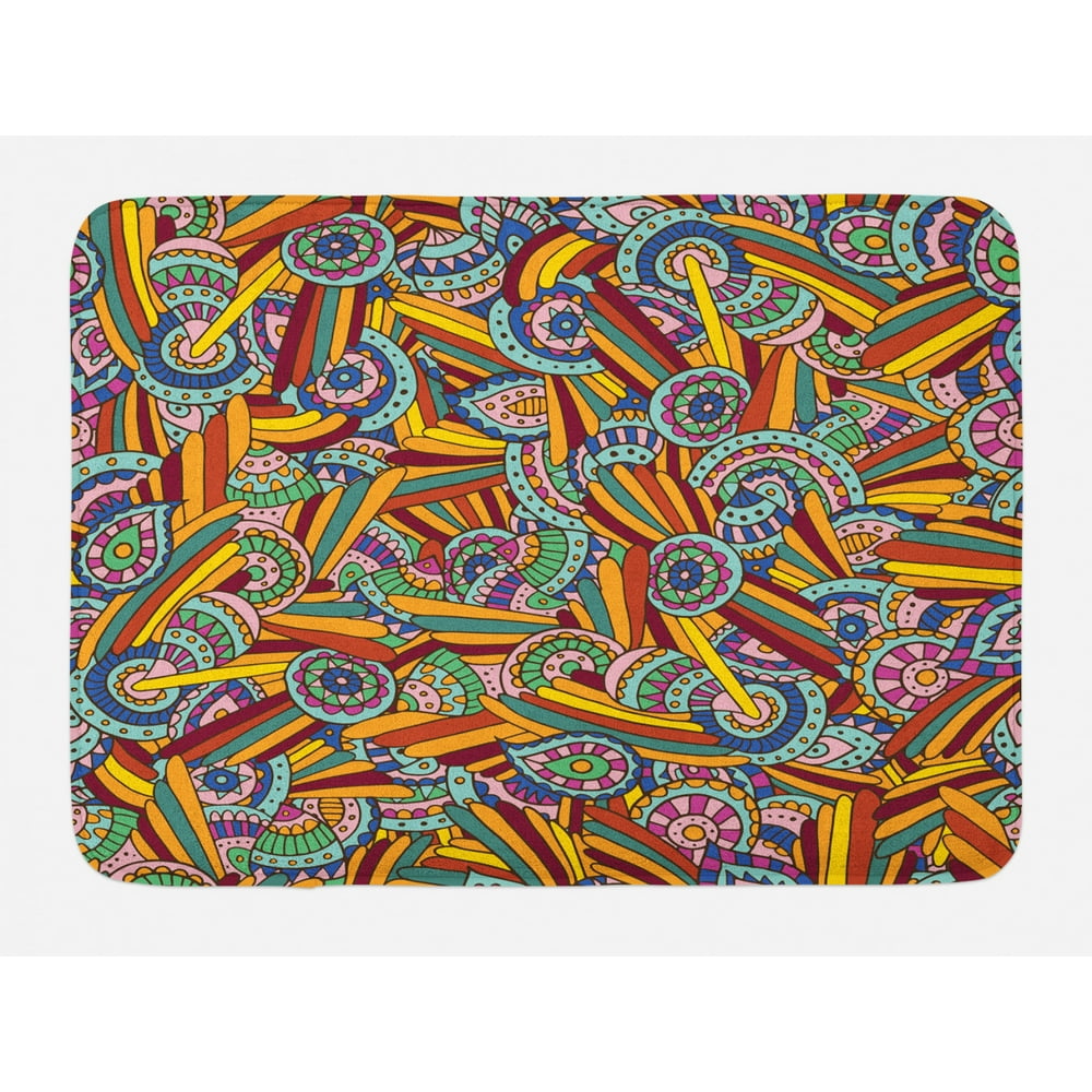 Psychedelic Bath Mat, Funky and Hippie Composition with Abstract Ethnic