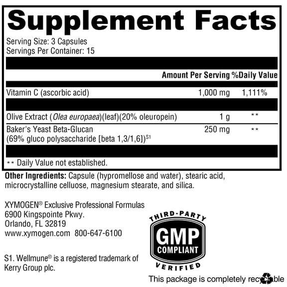 XYMOGEN Immune Essentials - 1,000 mg Vitamin C & Olive Leaf Extract - Immune System & Antioxidant Support - Vegetarian, Dairy-Free & Gluten-Free - 45 Capsules