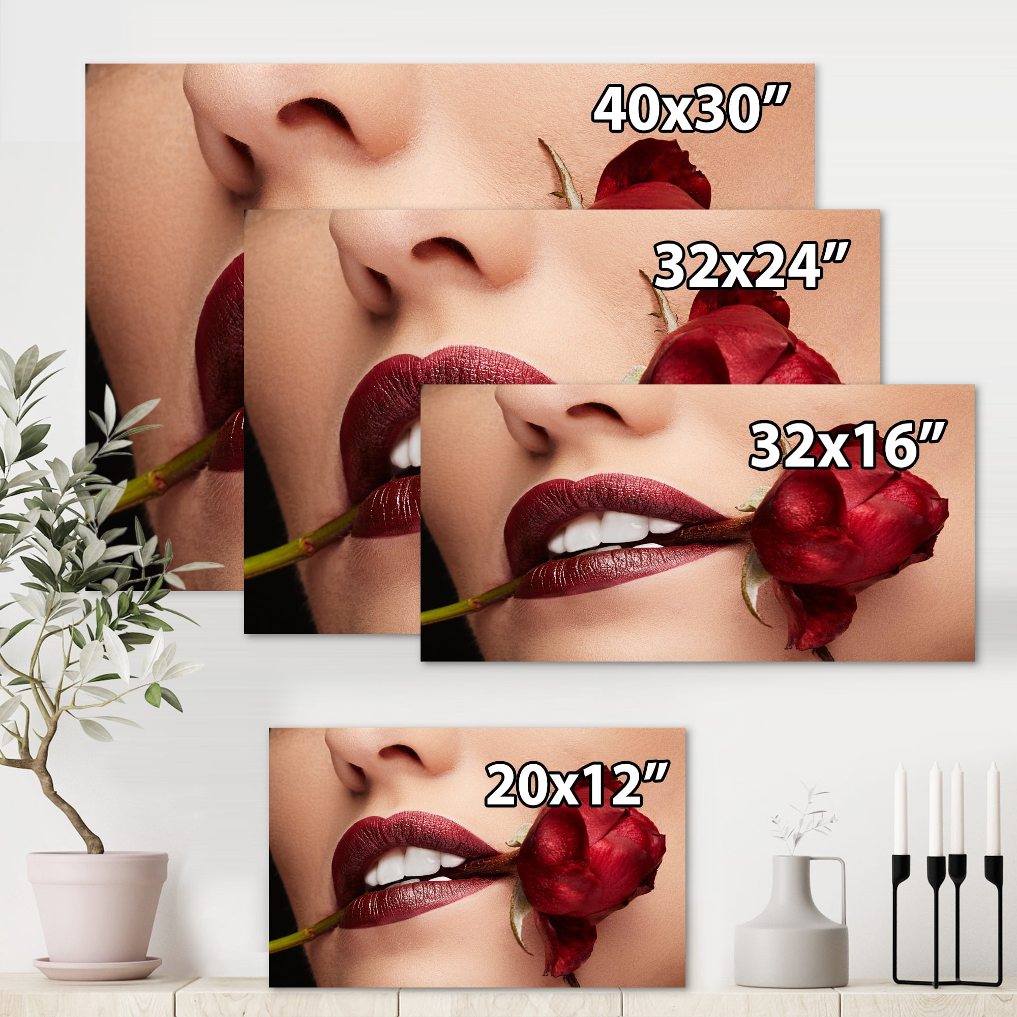 Designart ' Girl With Red Lipstick Holding A Rose In Mouth ' Modern Canvas Wall Art Print